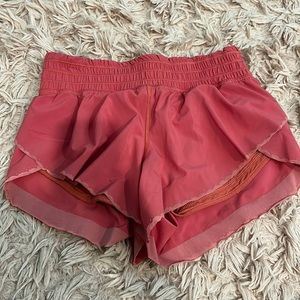 red-orange lulu shorts